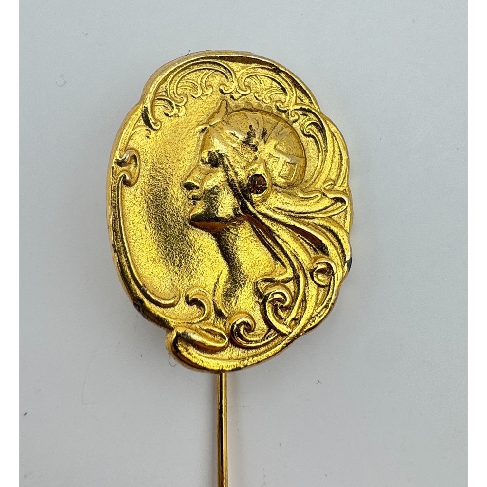 Vintage Art Nouveau Stick Pin Lady Gold Tone Portrait with Stone